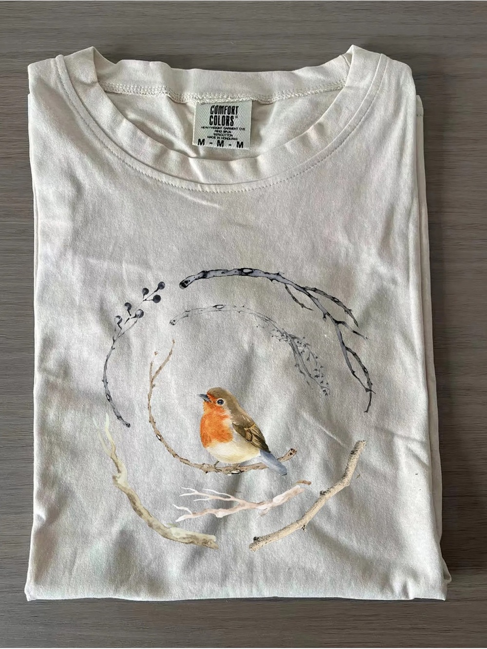 Comfort Colors White Tee with Orange Robin and Neutral Branch Motif
